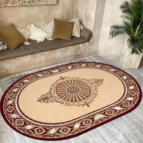 VARIKASHOM Oval Teppiche groß Wohnzimmer, Wohnzimmerteppich Innenbereich Bodenmatte Dekoration,Vintage Braun Beige Blumen Medaillon Muster, Rot, 200 x 300 cm von VARIKASHOM