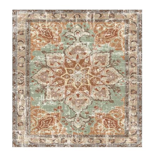 VARIKASHOM Teppich Quadratisch, Rot Orange Braun Grün Vintage Blumendrucke, Mehrfarbig, 160 x 160 cm,Waschbarer Teppiche Gegend Wohnzimmerteppich Esstisch Carpet Art Deco von VARIKASHOM