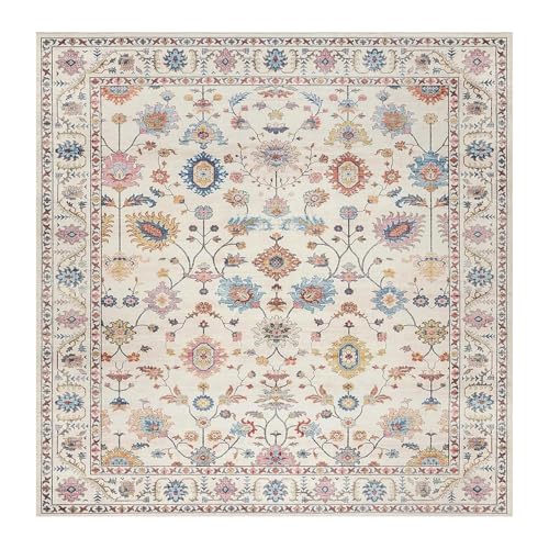 VARIKASHOM Teppich Quadratisch,Beige Creme Gelb Rosa Blumen Blau Haus Dekor, Bunt, 150 x 150 cm, Carpet Living Room Couchtisch Sofa Wohnzimmerteppich Waschbar Matte VARIKASHOM Teppich Quadratisch,Beige Creme Gelb Rosa Blumen Blau Haus Dekor, Bunt, 150 x 150 cm, Carpet Living Room Couchtisch Sofa Wohnzimmerteppich Waschbar Matte von VARIKASHOM