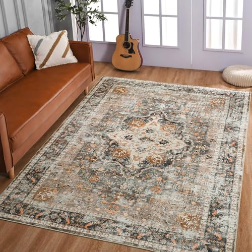 VARIKASHOM Teppich Quadratisch,Beige Schwarz Traditionelles Used-Vintage-Design, Orange, 180 x 180 cm,Waschbarer große teppiche Bettvorleger Schlafzimmer Esstisch Innen Deko von VARIKASHOM