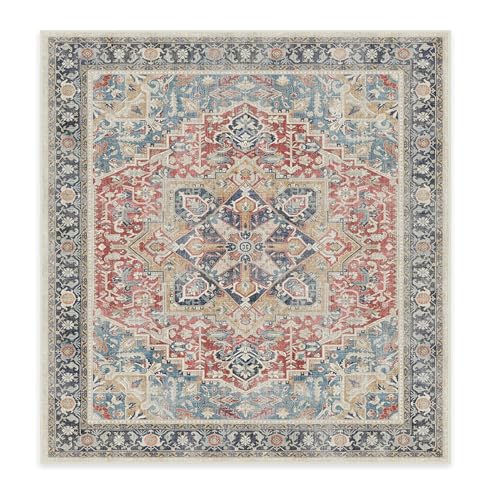 VARIKASHOM Teppich Quadratisch,Beige Vintage Aged Floral Rot Blau Gelb, Mehrfarbig, 200 x 200 cm,Waschbar rutschfest groß Teppiche Deko Schlafzimmer Küche Esszimmer Sofa von VARIKASHOM