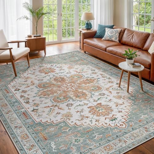 VARIKASHOM Teppich Quadratisch,Mehrfarbig Braun Orange Weiß Vintage Blumendrucke, Mintgrün, 160 x 160 cm,Waschbarer Teppiche Gegend Wohnzimmerteppich Esstisch Carpet Art Deco von VARIKASHOM