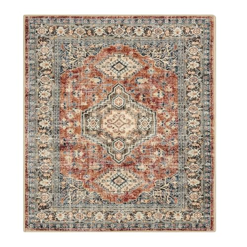 VARIKASHOM Teppich Quadratisch,Mehrfarbig Braun Orientalisch Traditionell Vintage, Ziegelrot, 140 x 140 cm,Teppiche Gegend Schlafzimmer Couchtisch Jugendzimmer Mädchen Jungs von VARIKASHOM