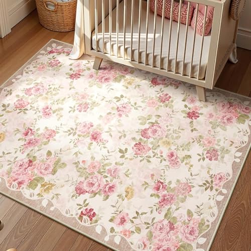 VARIKASHOM Teppich Quadratisch,Mehrfarbige Mädchen Blume Modern, Rosa, 150 x 150 cm, Carpet Living Room Couchtisch Sofa Wohnzimmerteppich Waschbar Matte von VARIKASHOM