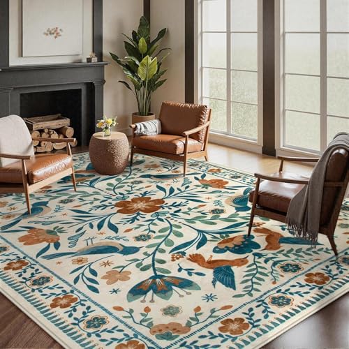 VARIKASHOM Teppich Quadratisch,Mehrfarbiger moderner Blumen- und Vogeldruck, Orange, Beige, Grün, Blau, 80 x 80 cm, Teppiche Küche Läufer Eingangsbereich Waschküche Raumdekor Matte von VARIKASHOM