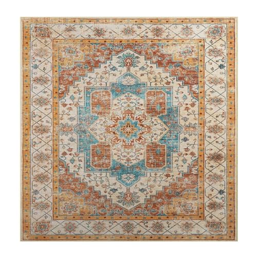 VARIKASHOM Teppich Quadratisch,Orange Gelb Blaugrün Beige Vintage Blumenmuster, Mehrfarbig, 140 x 140 cm,Teppiche Gegend Schlafzimmer Couchtisch Jugendzimmer Mädchen Jungs VARIKASHOM Teppich Quadratisch,Orange Gelb Blaugrün Beige Vintage Blumenmuster, Mehrfarbig, 140 x 140 cm,Teppiche Gegend Schlafzimmer Couchtisch Jugendzimmer Mädchen Jungs von VARIKASHOM