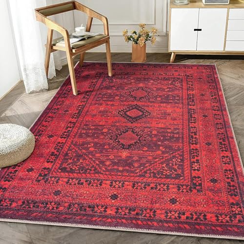 VARIKASHOM Teppich Quadratisch,Traditionelles Retro-Design mit geometrischem Rand, Rot, 100 x 100 cm,Kurzflor Teppich fürs Schlafzimmer, küchenmatten, Bettvorleger Sofa Matte von VARIKASHOM
