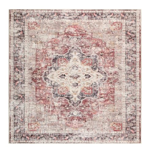 VARIKASHOM Teppich Quadratisch,Traditionelles Used-Vintage-Design, Braun, Rot, 160 x 160 cm,Waschbarer Teppiche Gegend Wohnzimmerteppich Esstisch Carpet Art Deco von VARIKASHOM