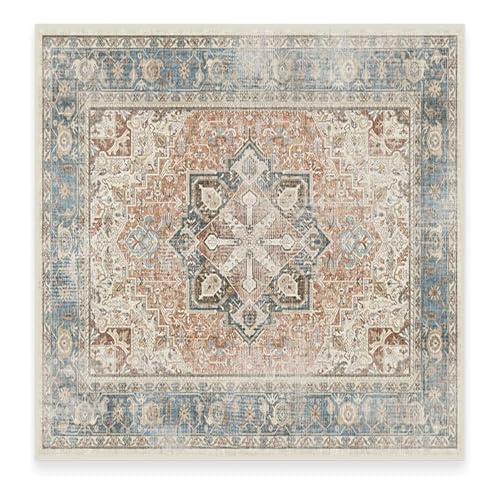 VARIKASHOM Teppich Quadratisch,Vintage Distressed Floral Rot, Beige, 160 x 160 cm,Waschbarer Teppiche Gegend Wohnzimmerteppich Esstisch Carpet Art Deco von VARIKASHOM