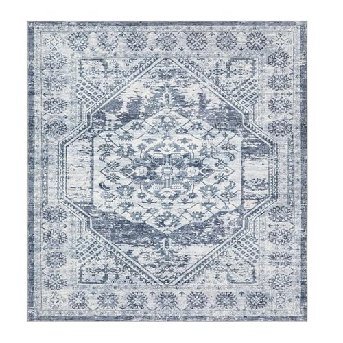 VARIKASHOM Teppich Quadratisch,Vintage Distressed Home Office Haus Bodendekor, blau-weiß, 140 x 140 cm,Teppiche Gegend Schlafzimmer Couchtisch Jugendzimmer Mädchen Jungs von VARIKASHOM