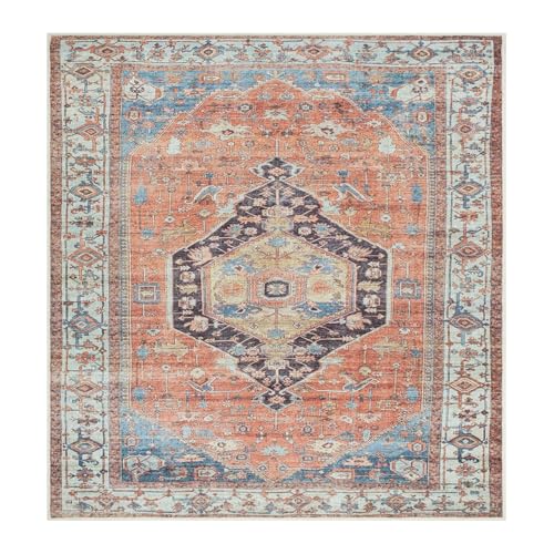 VARIKASHOM Teppich Quadratisch,Vintage Floral Traditionell Rot Blau, Mehrfarbig, 160 x 160 cm,Waschbarer Teppiche Gegend Wohnzimmerteppich Esstisch Carpet Art Deco von VARIKASHOM