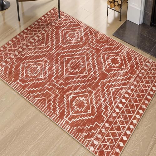 VARIKASHOM Teppich Quadratisch,Vintage Geometric Tribal Traditional Apartment Dorm, Ziegelrot, 160 x 160 cm,Waschbarer Teppiche Gegend Wohnzimmerteppich Esstisch Carpet Art Deco von VARIKASHOM