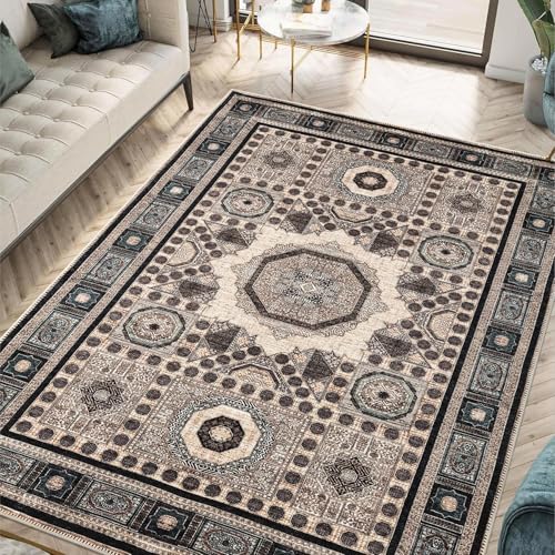 VARIKASHOM Teppich Quadratisch,Vintage Geometrisch Traditionell Beige Blau Braun,A,160 x 160 cm,Waschbarer Teppiche Gegend Wohnzimmerteppich Esstisch Carpet Art Deco von VARIKASHOM