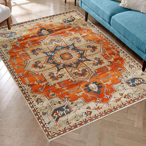 VARIKASHOM Teppich Wohnzimmer Waschbar Anti-Rutsch Extra Große Schlafzimmer Teppiche Matte,Blau Beige Vintage Traditionelle Blumen, Orange, 200 x 250 cm von VARIKASHOM