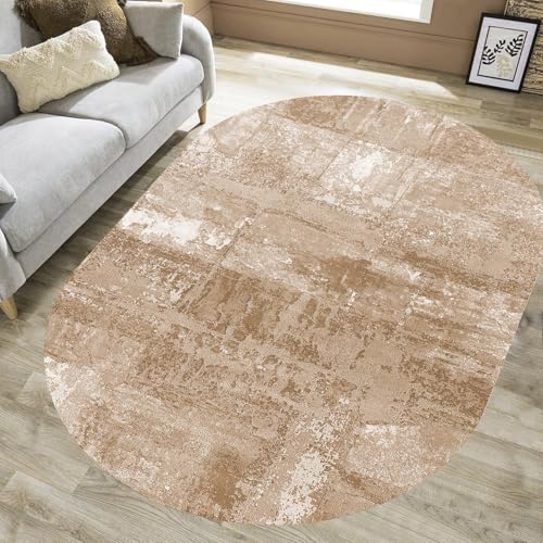VARIKASHOM Teppiche Oval Wohnzimmer Schlafzimmer, Bürostuhl, Sofa,leicht zu reinigen,Modernes abstraktes Design im Used-Look, Weiß, Braun, 100 x 180 cm von VARIKASHOM