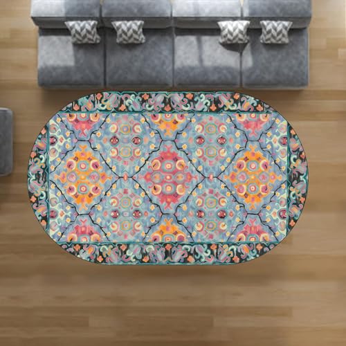 VARIKASHOM Teppiche Oval für Wohnzimmer Schlafzimmer Bett, Teppichen leicht zu reinigen, Mehrfarbig Schwarz Rot Orange Floral Trellis Designs, Blau, 80 x 150 cm von VARIKASHOM