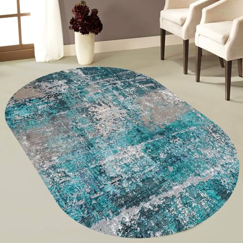 VARIKASHOM Teppiche Oval für Wohnzimmer Schlafzimmer Bett, Teppichen leicht zu reinigen, Schwarz Braun Grau Weiß Meliert Abstrakt Modern,Grün,80x150cm von VARIKASHOM