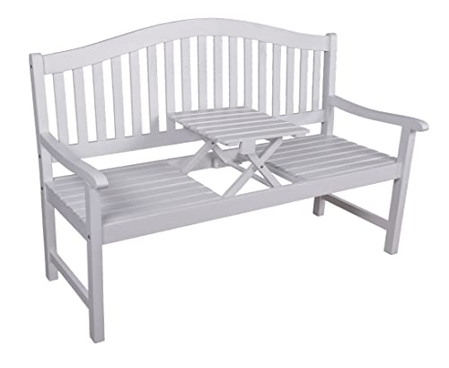 VARILANDO Gartenbank mit hochklappbarem Tisch, Klapptischbank, Bank mit Tisch zum hochklappen, Eukalyptus Holz aus 100% nachhaltigem Anbau (weiß) von VARILANDO