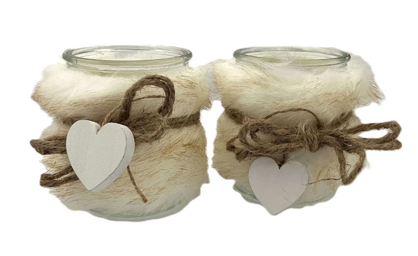 VARIOS Teelichthalter Teelichthalter Windlicht Winterlich Fellbesatz 2er Set Klein von VARIOS