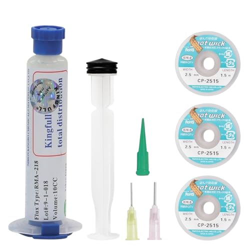 VARKAGE Kl-558 Flussmittel Löten Elektronik, 10Ml No-Clean Bleifreies Flux Flussmittel, Lötflussmittel für Handy Lötungen,Bga,Haushaltsgerätereparaturen, 3 Stück 2.5Mm/1.5M Entlötlitze von VARKAGE