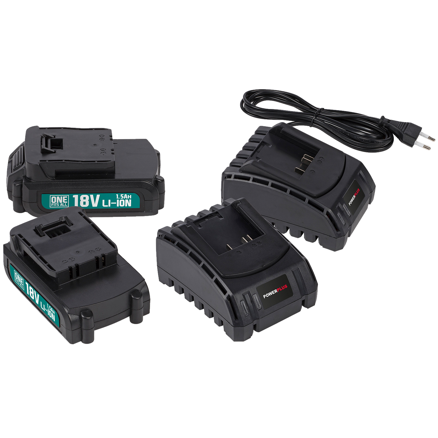 Powerplus 2 Ladegeräte + 2 Akkus 18V Li-Ion 1,5 Ah für alle One Fits All Geräte von VARO