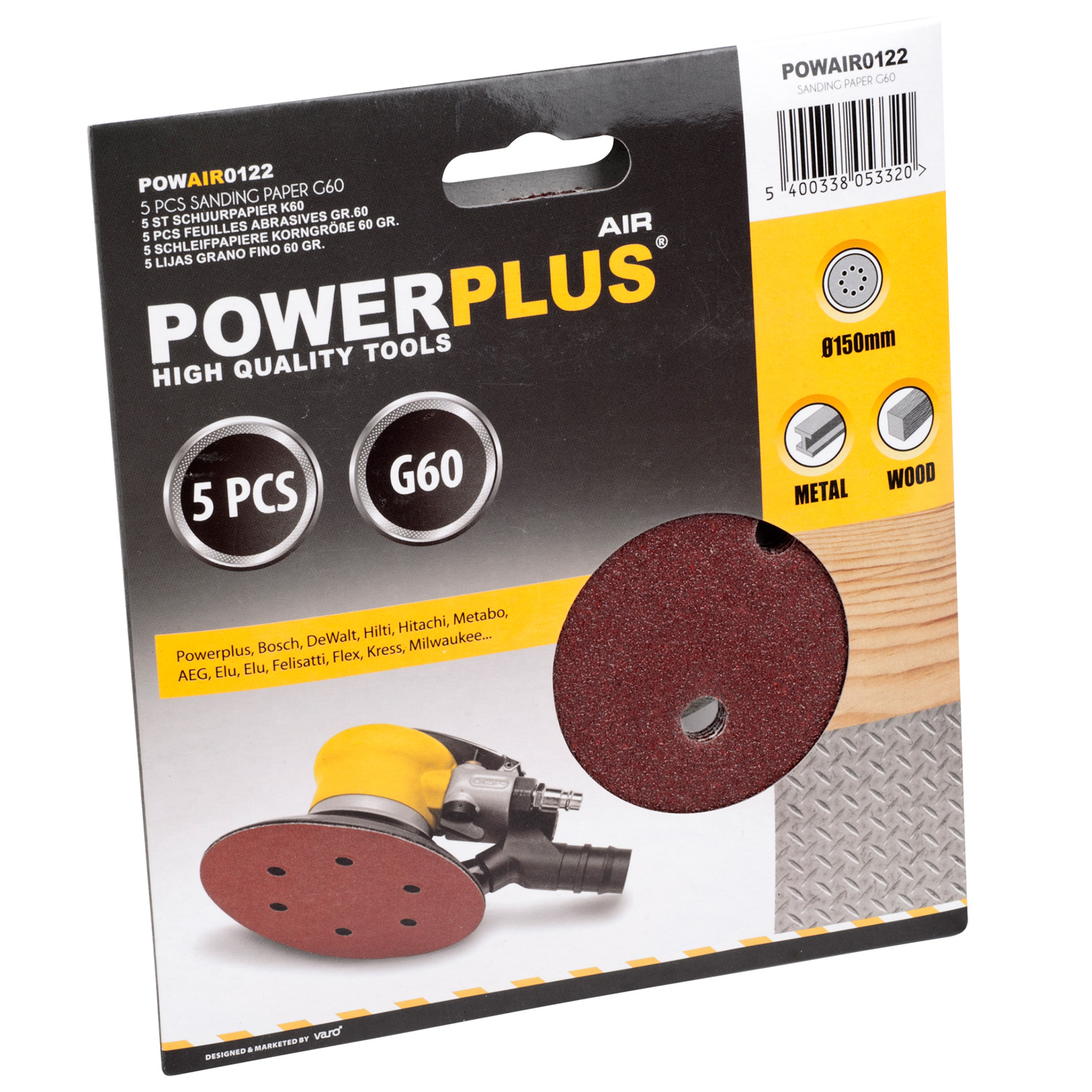 Powerplus Schleifpapier Körnung G60 ø 15 cm 5 Stück Sandpapier Schmirgelpapier von VARO