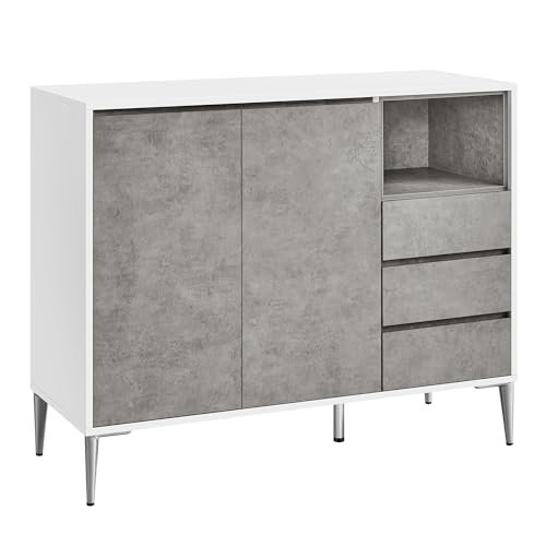 VASAGLE Aufbewahrungsschrank, Sideboard, Küchenschrank mit Türen, höhenverstellbare Ablagen, 3 Schubladen, offenes Fach, modern, 40 x 103,5 x 85 cm für Wohnzimmer Küche, betongrau BBK273G22 von VASAGLE