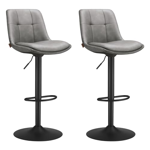VASAGLE Barhocker 2er Set, Barstühle höhenverstellbar, drehbare Küchenhocker, gesteppter PU-Bezug, mit Rückenlehne und Fußstütze, Esszimmer, Theke, Stahl, taubengrau LJB095G01 von VASAGLE