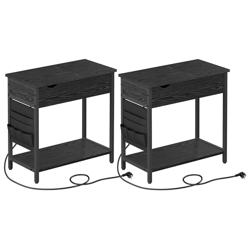 VASAGLE Beistelltisch, 2er Set, Nachttisch mit Steckdose, schmal, mit USB-Anschlüssen, Tasche, für Wohnzimmer, Schlafzimmer, schwarz mit Holzmaserung LCT647B56 von VASAGLE