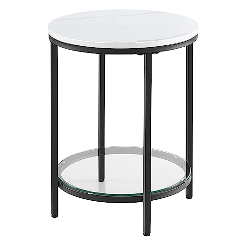 VASAGLE Beistelltisch, Nachttisch mit 2 Ebenen, Holzspanplatte, Hartglas, für Wohnzimmer, Arbeitszimmer, kleine Räume, modern, marmorweiß-tintenschwarz LET285B13 von VASAGLE