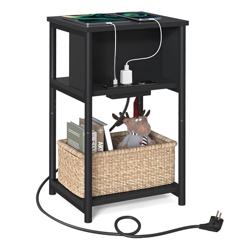 VASAGLE Beistelltisch, Nachttisch mit Steckdose, schmal, 2 AC-Anschlüsse, 2 USB-Anschlüsse, 30 x 34 x 58 cm, für Wohnzimmer, Schlafzimmer, schwarz LET375B02 von VASAGLE