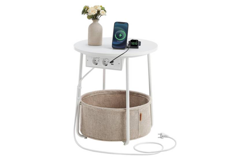 VASAGLE Beistelltisch, rund, mit Steckdose, USB-Anschlüsse, mit Korb aus Stoff, Ø45 cm von VASAGLE