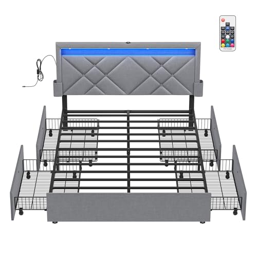VASAGLE Bett 140 x 200 cm, Polsterbett, Doppelbettgestell, LED, Bettgestell, Metallbett, 4 Schubladen, Ladestation, verstellbares gepolstertes Kopfteil, hellgrau-Mattschwarz RMB827G01 von VASAGLE