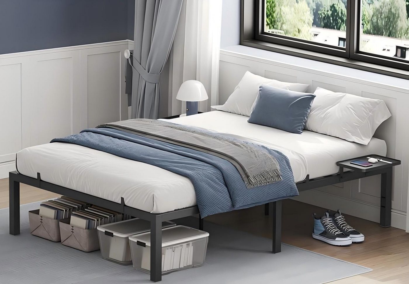 VASAGLE Bettgestell (140 x 200 cm), Doppelbett, mit 2 Aufbewahrungsregalen, mehrere Größen verfügbar von VASAGLE