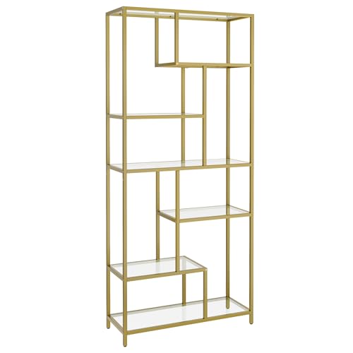 VASAGLE Bücherregal, Regal mit 6 Ablagen, Standregal, Ablagen aus Hartglas, 30 x 80 x 180 cm, für Arbeitszimmer, Büro, Wohnzimmer, Schlafzimmer, Küche, metallisches Gold-transparent LGT502A01 von VASAGLE