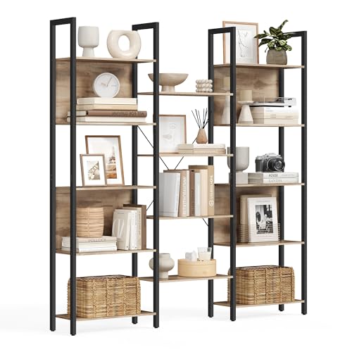 VASAGLE Bücherregal, Standregal mit 14 Ablagen, Regal mit Metallrahmen, für Wohnzimmer, Arbeitszimmer, Büro, Industrie-Design, 24 x 158 x 166 cm, Kamelbraun-tintenschwarz LLS107K01 von VASAGLE