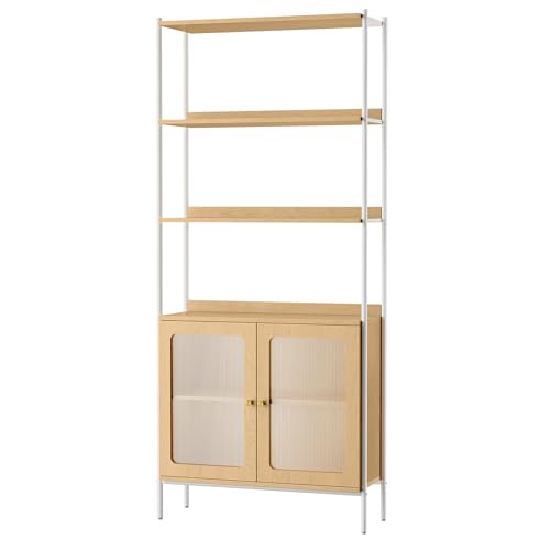 VASAGLE Bücherregal 6 Ebenen, Regal hoch, Standregal, Türen aus PC-Kunststoff, zeitgenössischer Stil, Metallrahmen, Verstellbarer Einlegeboden, für Wohnzimmer, eichenbeige-perlweiß LLS125W57 von VASAGLE