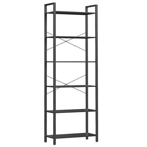 VASAGLE Bücherregal 6 Ebenen, Standregal mit Stahlrahmen, freistehendes Regal, Wohnzimmer, Schlafzimmer, Arbeitszimmer, 30 x 66 x 186 cm, Industrie-Design, ebenholzschwarz-tintenschwarz LLS062B56 von VASAGLE