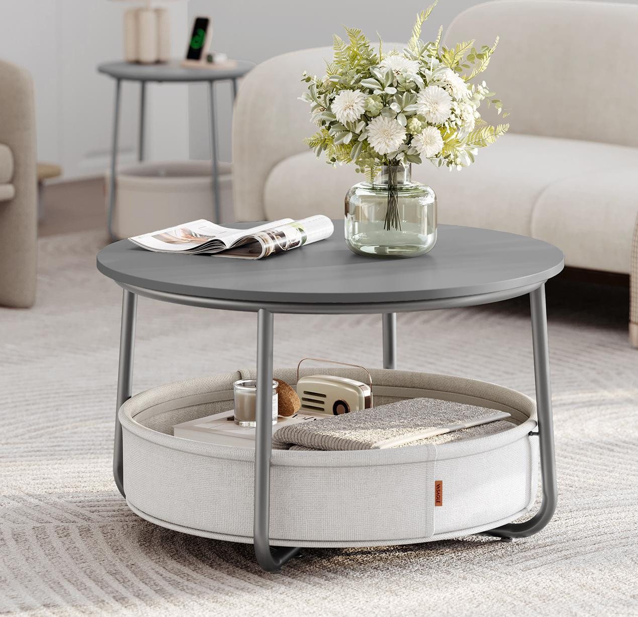 VASAGLE Couchtisch, Beistelltisch, Wohnzimmertisch mit Korb aus Stoff, ∅75 x 45 cm VASAGLE Couchtisch, Beistelltisch, Wohnzimmertisch mit Korb aus Stoff, ∅75 x 45 cm von VASAGLE