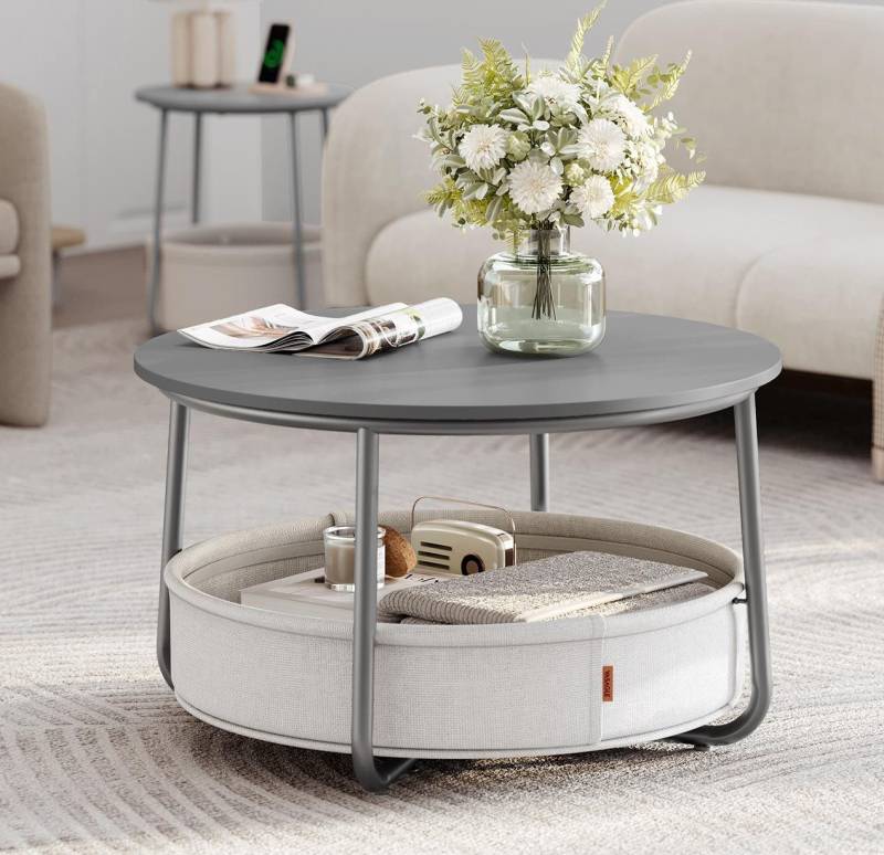 VASAGLE Couchtisch, Beistelltisch, Wohnzimmertisch mit Korb aus Stoff, ∅75 x 45 cm von VASAGLE