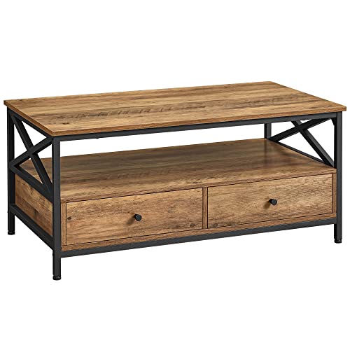 VASAGLE Couchtisch, Wohnzimmertisch, Sofatisch, für Wohnzimmer, mit Schubladen, X-förmige Streben, offenes Fach, Industrie-Design, walnussbraun-schwarz LCT201B41 von VASAGLE