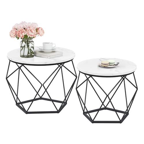 VASAGLE Couchtisch rund, 2er Set, Wohnzimmertisch, Beistelltisch, modern, abnehmbare Tischplatte, für Wohnzimmer, marmorweiß-tintenschwarz LET040B59 von VASAGLE