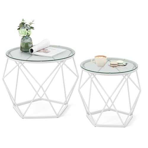 VASAGLE Couchtisch rund, 2er Set, Wohnzimmertisch, Beistelltisch, modern, abnehmbare Tischplatte, für Wohnzimmer, transparent-wolkenweiß LGT040W01 von VASAGLE