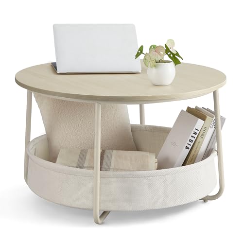 VASAGLE Couchtisch rund, Tisch mit Stauraum, Beistelltisch, Wohnzimmertisch mit Korb aus Stoff, modern, Metallrahmen, naturbeige-cremeweiß LCT244K01 von VASAGLE