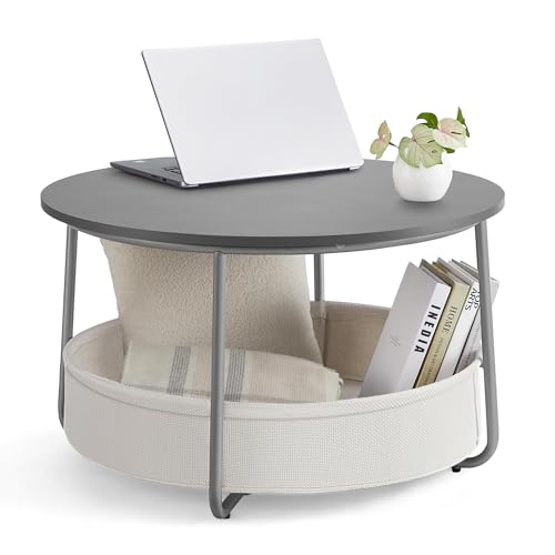 VASAGLE Couchtisch rund, Tisch mit Stauraum, Beistelltisch, Wohnzimmertisch mit Korb aus Stoff, modern, Metallrahmen, zementgrau-cremeweiß LCT244G01 von VASAGLE