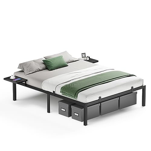 VASAGLE Bett 160 x 200 cm, Doppelbettgestell aus Metall mit Aufbewahrungsregalen, Modern Jugendbett, Gästebett, einfache Montage, klassikschwarz RMB095B01 von VASAGLE