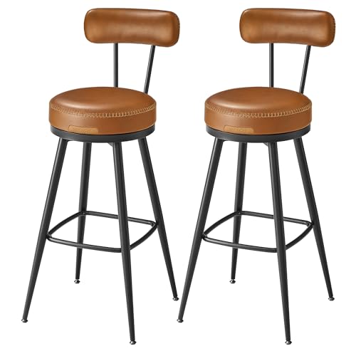 VASAGLE EKHO Kollektion - 360° drehbarer Barhocker, 2er Set, Hocker mit Rückenlehne für Bartisch, Kunstleder mit Nähten, Mid-Century-Modern-Stil, 76 cm hoch, Küche, Hausbar, karamellbraun LBC889K01 von VASAGLE