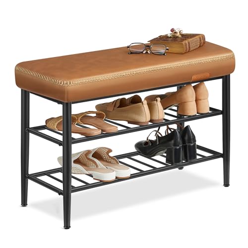 VASAGLE EKHO Kollektion - Schuhbank, Sitzbank, Sitztruhe, Eingangsbereich, Kunstleder, Nähte, Mid-Century-Modern-Stil, modern, bis 135 kg belastbar, 30 x 80 x 50 cm, karamellbraun LSB054K01 von VASAGLE