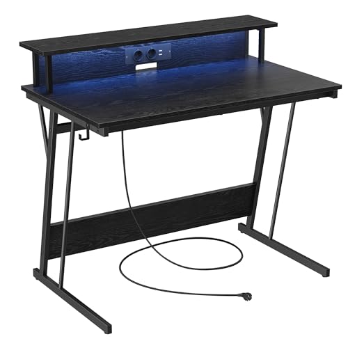 VASAGLE Gaming-Tisch mit LED-Beleuchtung, Schreibtisch mit eingebauter Steckdosenleiste, Computertisch, Monitorständer für 2 Monitore, Schlafzimmer, 60 x 100 x 76 cm, klassikschwarz LWD191B56 von VASAGLE