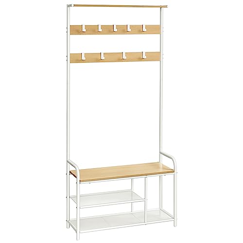 VASAGLE Garderobenständer, Garderobe, Kleiderständer 9 Haken, Schuhbank, Ablage, 30 x 85 x 180,5 cm, für Flur, Schlafzimmer, kleine Wohnungen, modern, eichenfarben-weiß HSR409W09 von VASAGLE